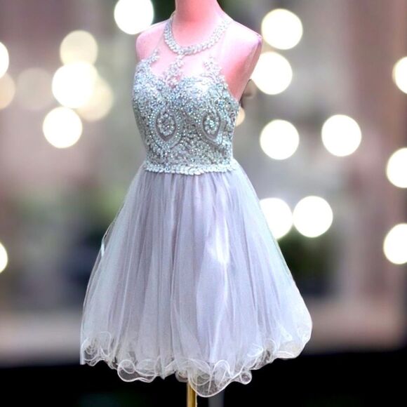 MAY QUEEN COUTURE DRESS PROM HOMECOMING WEDDING FORMAL SEQUIN STRAPPY SILVER 8 - Picture 1 of 12